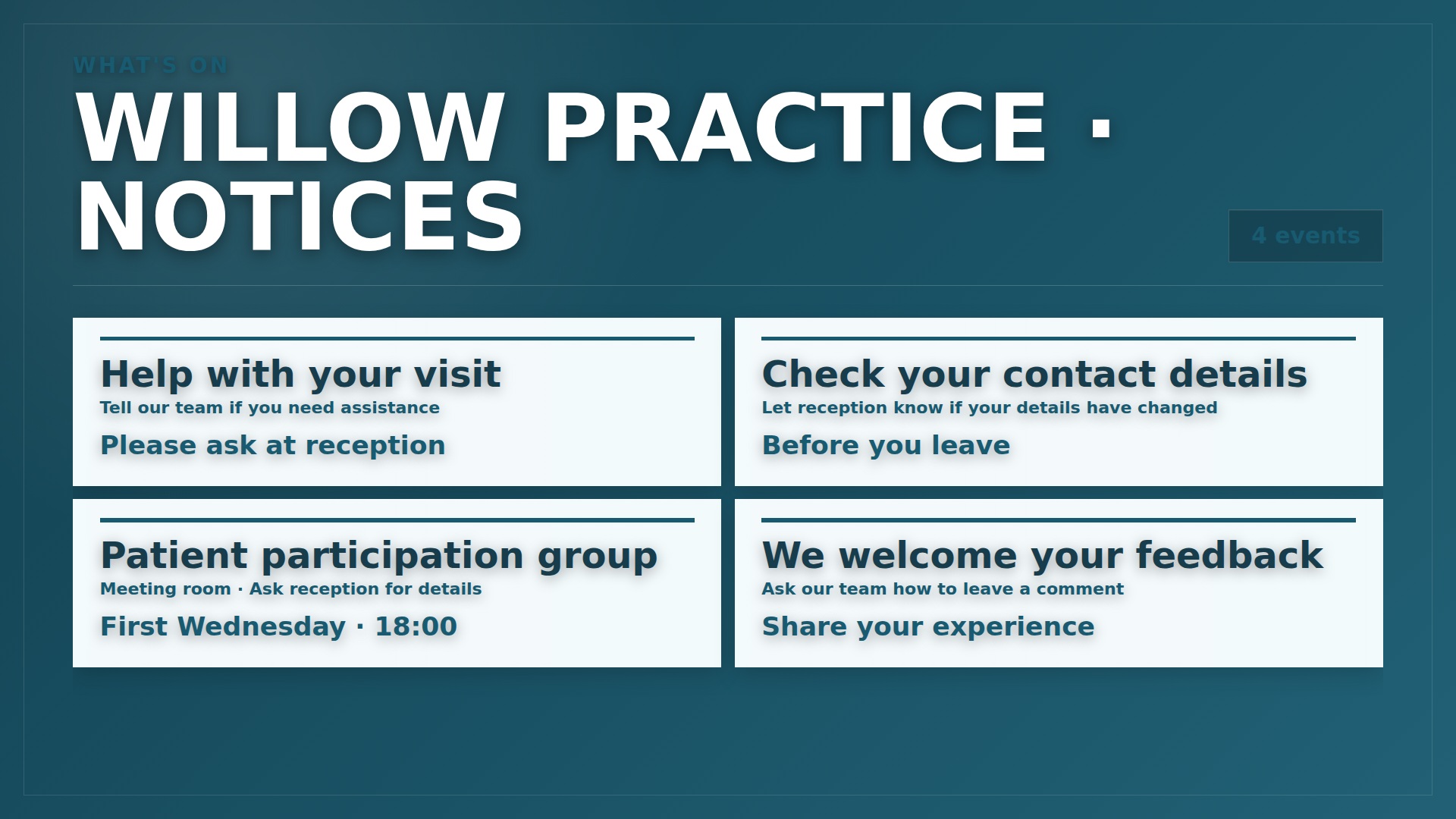 Practice notices. A general information board with example practice events and visitor notices.